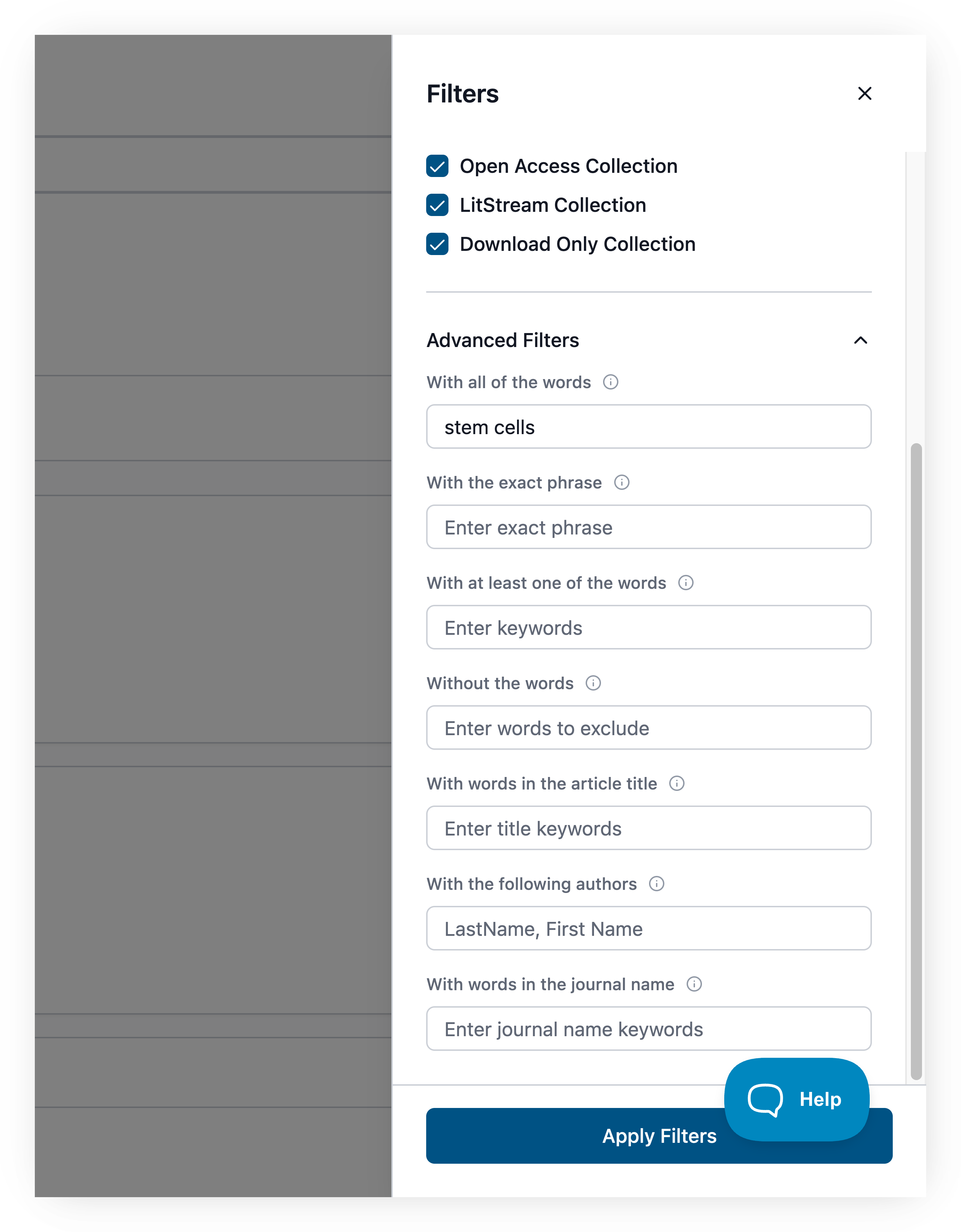 Screenshot of the Filters panel with the 'Advanced Filters' section expanded, below the Collections checkboxes (Open Access Collection, LitStream Collection, Download Only Collection). The advanced fields are: 'With all of the words' (example: stem cells; the info icon explains this is DeepDyve's default query mode, searching by keyword or DOI), 'With the exact phrase' (Enter exact phrase), 'With at least one of the words' (Enter keywords), 'Without the words' (Enter words to exclude), 'With words in the article title' (Enter title keywords), 'With the following authors' (placeholder 'LastName, First Name'), and 'With words in the journal name' (Enter journal name keywords). Each field has an info icon that shows an explanation on hover. A dark-blue 'Apply Filters' button is at the bottom.