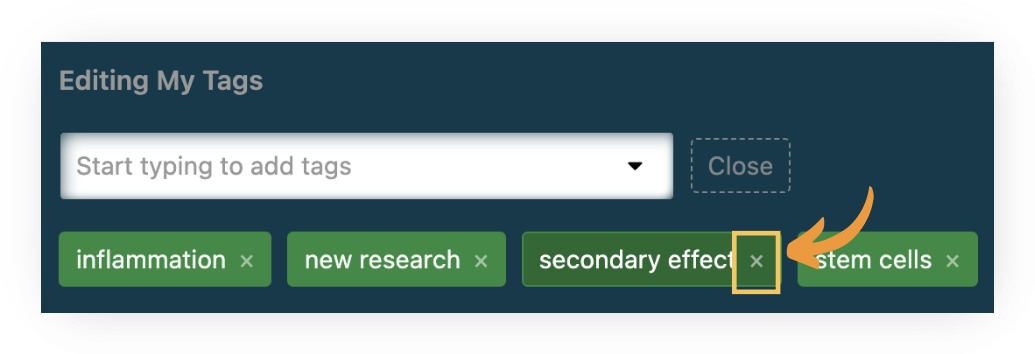 Screenshot of the 'Editing My Tags' interface with existing green tag chips (inflammation, new research, secondary effects, stem cells). An orange arrow points to the highlighted 'x' on a tag chip — click it to remove that tag. The input box reads 'Start typing to add tags'.