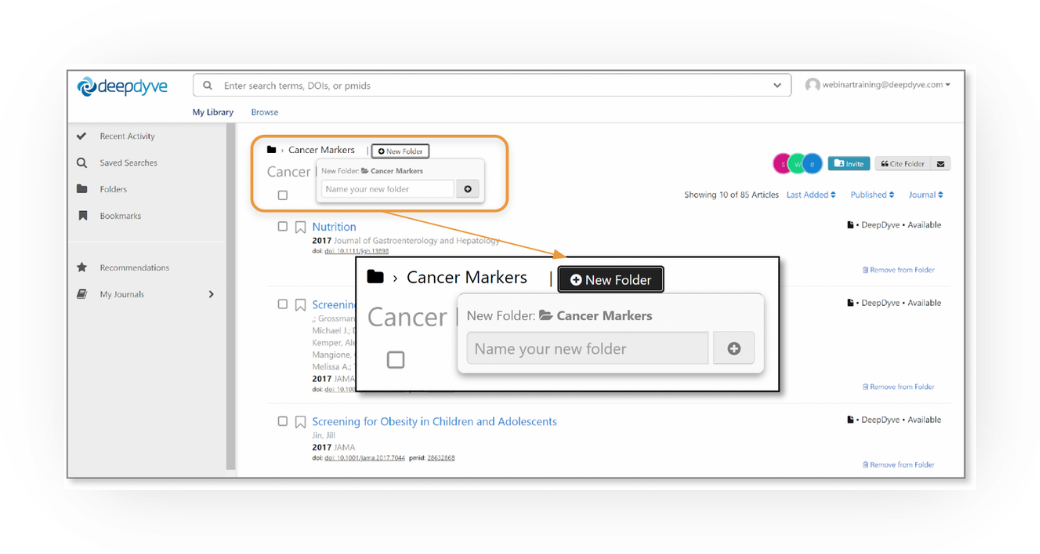 Screenshot of a folder page (example 'Cancer Markers', showing 10 of 85 articles) with an inset zoom of the highlighted breadcrumb area: 'Cancer Markers | + New Folder' with a 'New Folder: Cancer Markers' name field — clicking '+ New Folder' inside an open folder creates a sub-folder within it.
