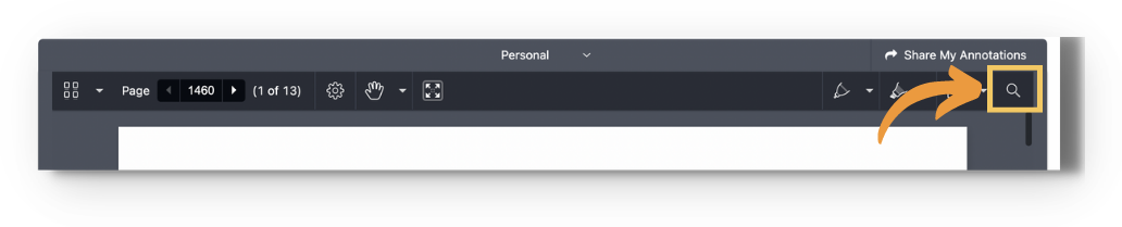 Screenshot of the enhanced reader toolbar with an orange arrow pointing to the highlighted search (magnifying glass) icon at the far right, next to the annotation tools and below 'Share My Annotations' — click it (or press CTRL+F / CMD+F) to search for text within the article.