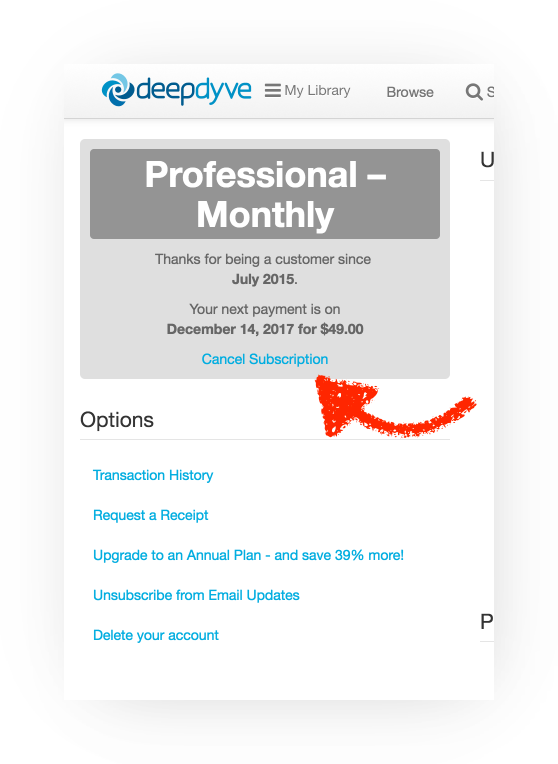 Screenshot of the Account Settings page showing the subscription box ('Professional – Monthly', 'Thanks for being a customer since July 2015', next payment date and amount) with a red arrow pointing to the 'Cancel Subscription' link. Below, the Options list includes Transaction History, Request a Receipt, Upgrade to an Annual Plan, Unsubscribe from Email Updates, and Delete your account.