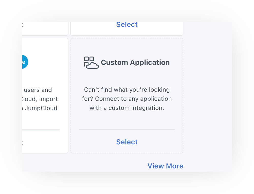 Screenshot of JumpCloud's 'Create New Application Integration' page showing the 'Custom Application' tile ('Can't find what you're looking for? Connect to any application with a custom integration') with its 'Select' link at the bottom of the tile — the option to choose when adding DeepDyve.