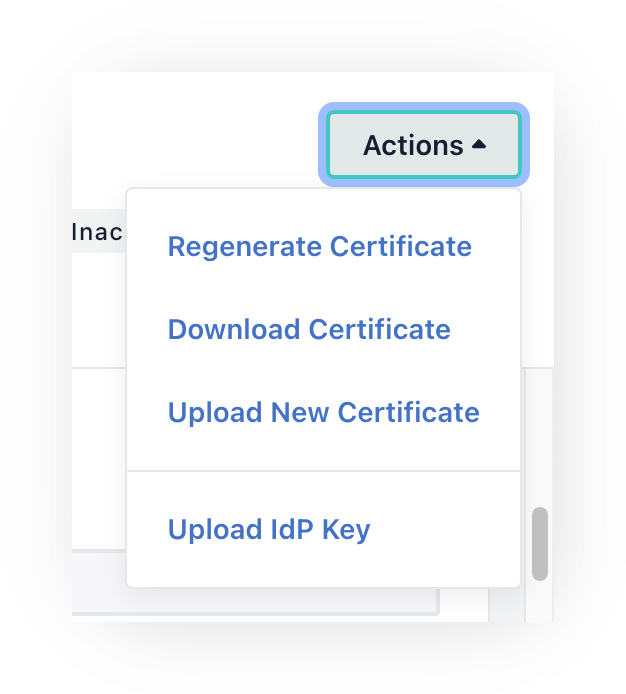 Screenshot of JumpCloud's 'Actions' dropdown menu (upper right of the application page) expanded to show: Regenerate Certificate, Download Certificate, Upload New Certificate, and Upload IdP Key. 'Download Certificate' is the option to use, then email the certificate to your DeepDyve contact.