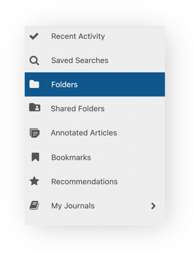 Screenshot of the My Library sidebar with 'Folders' highlighted in dark blue, among Recent Activity, Saved Searches, Shared Folders, Annotated Articles, Bookmarks, Recommendations, and My Journals — where saved articles are found ('My Folders', or 'Shared Folders' for enterprise accounts).