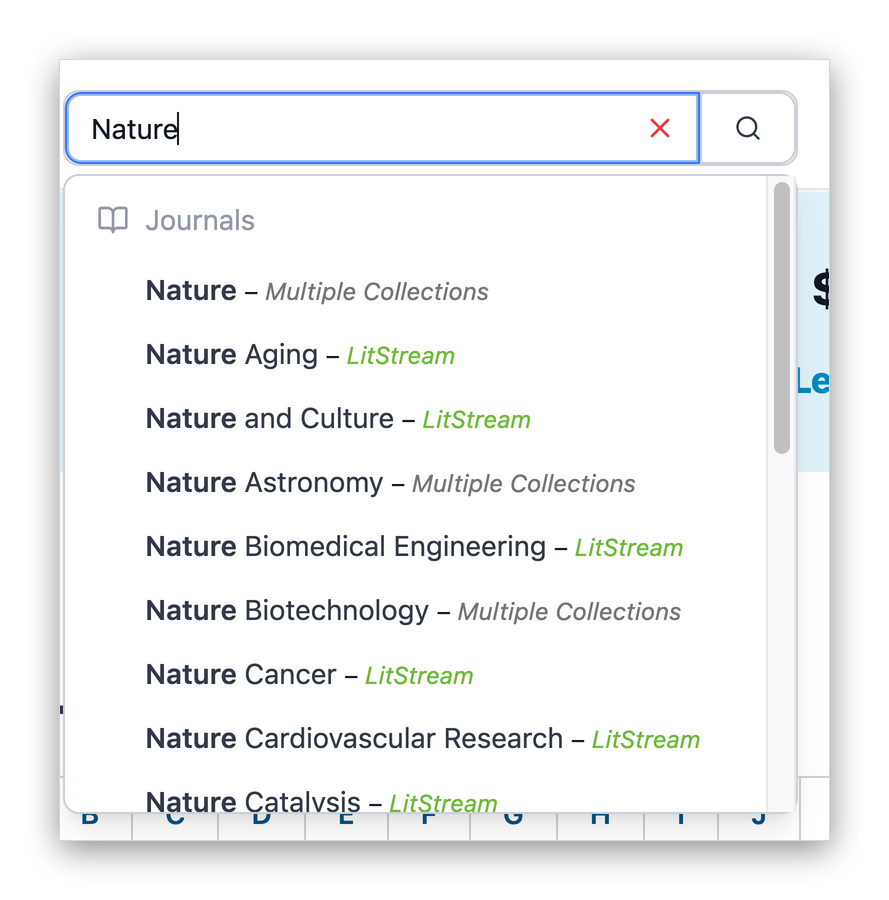 Screenshot of the DeepDyve search bar with 'Nature' typed in. Below it, a dropdown titled 'Journals' lists matching journals such as Nature, Nature Aging, Nature and Culture, Nature Astronomy and Nature Biomedical Engineering, each labeled LitStream or Multiple Collections.