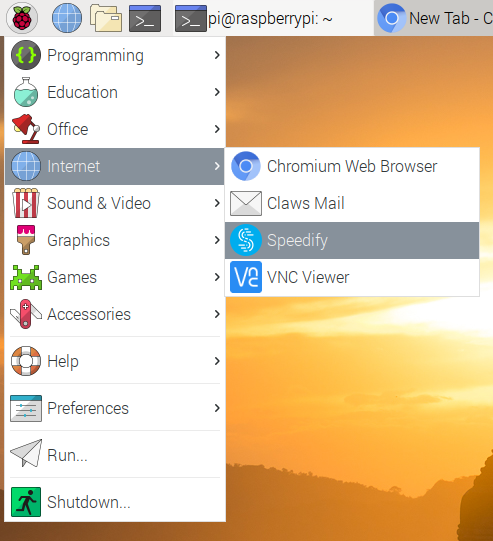 Speedify in the Raspberry Pi Applications menu under Internet