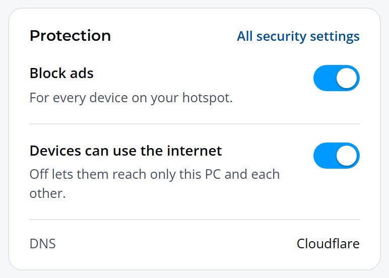 The Protection card, with Block ads turned on