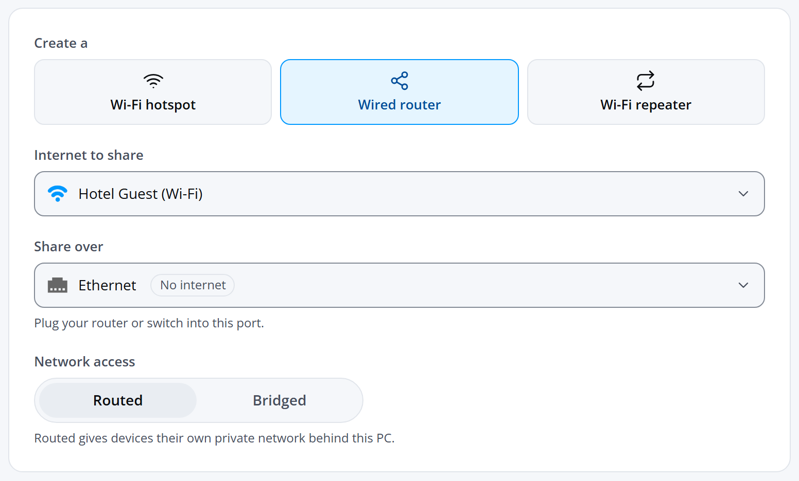 Wired router: Internet to share, Share over and Network access