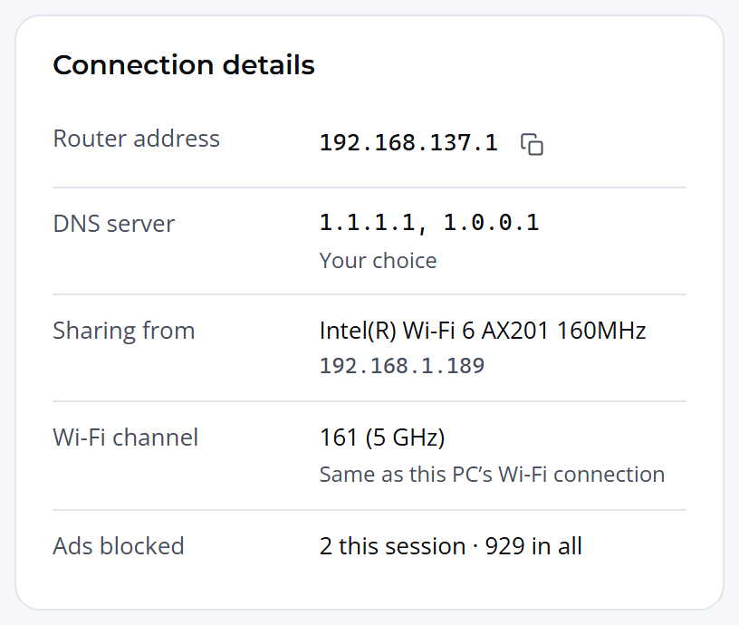 Connection details with the Wi-Fi channel row showing 161 (5 GHz), Same as this PC's Wi-Fi connection