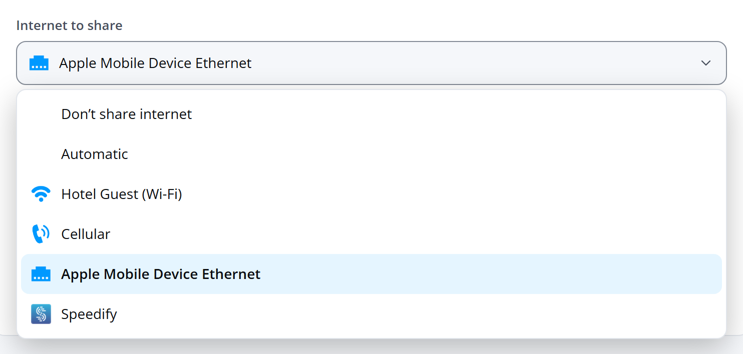 The Internet to share list, with an iPhone's USB connection chosen