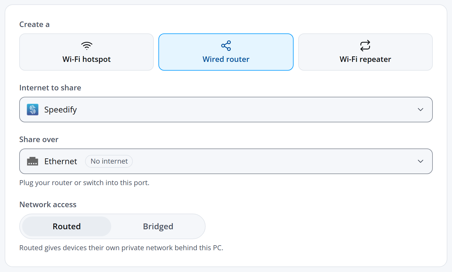 The Hotspot screen's setup form: Wired router, Internet to share set to Speedify, Share over set to Ethernet, and Network access set to Routed