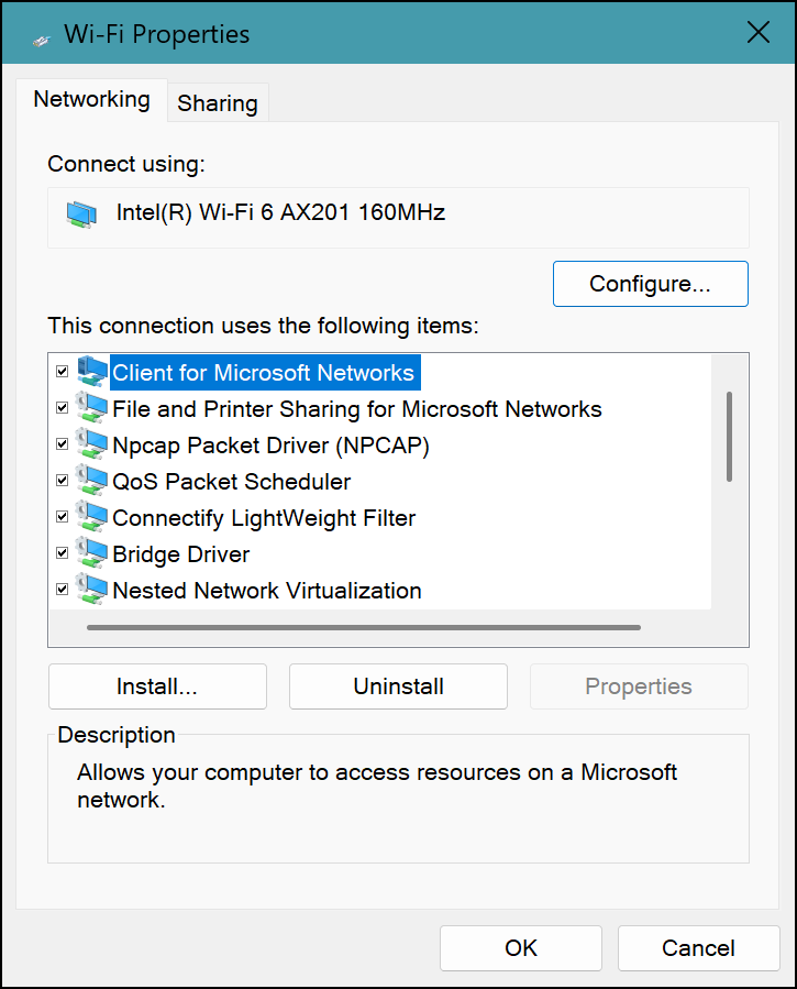 Wi-Fi Properties: Connectify LightWeight Filter checked in the list of items the connection uses