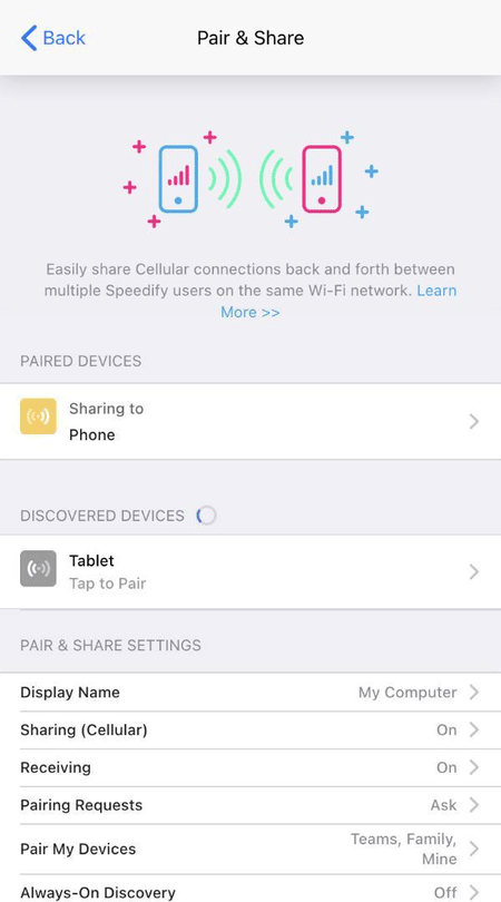 Pairing a discovered device in Pair & Share