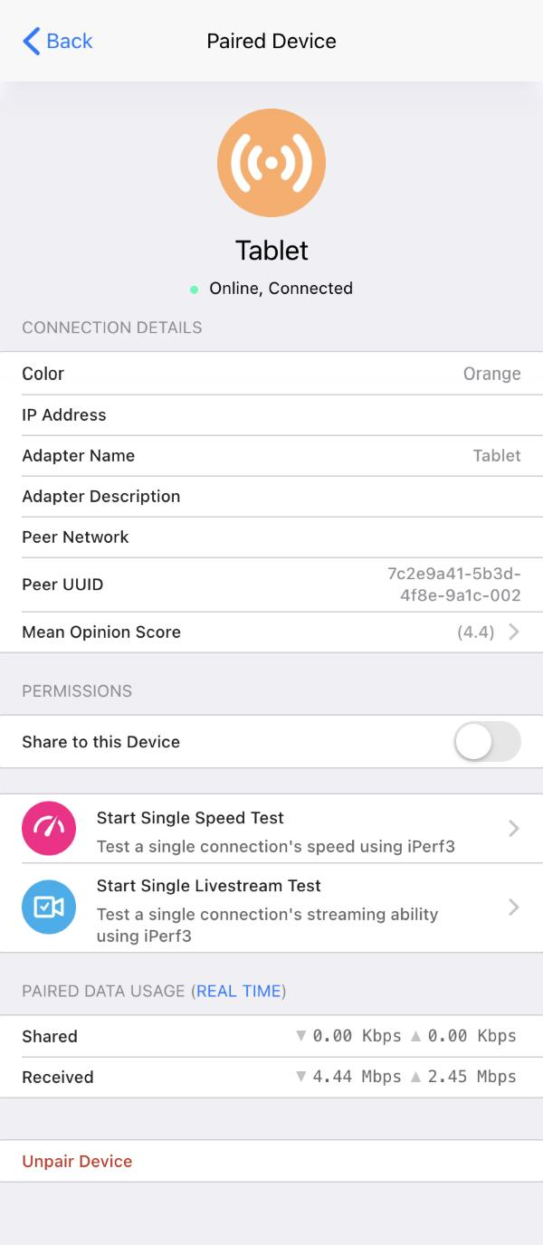 Paired device settings in Speedify
