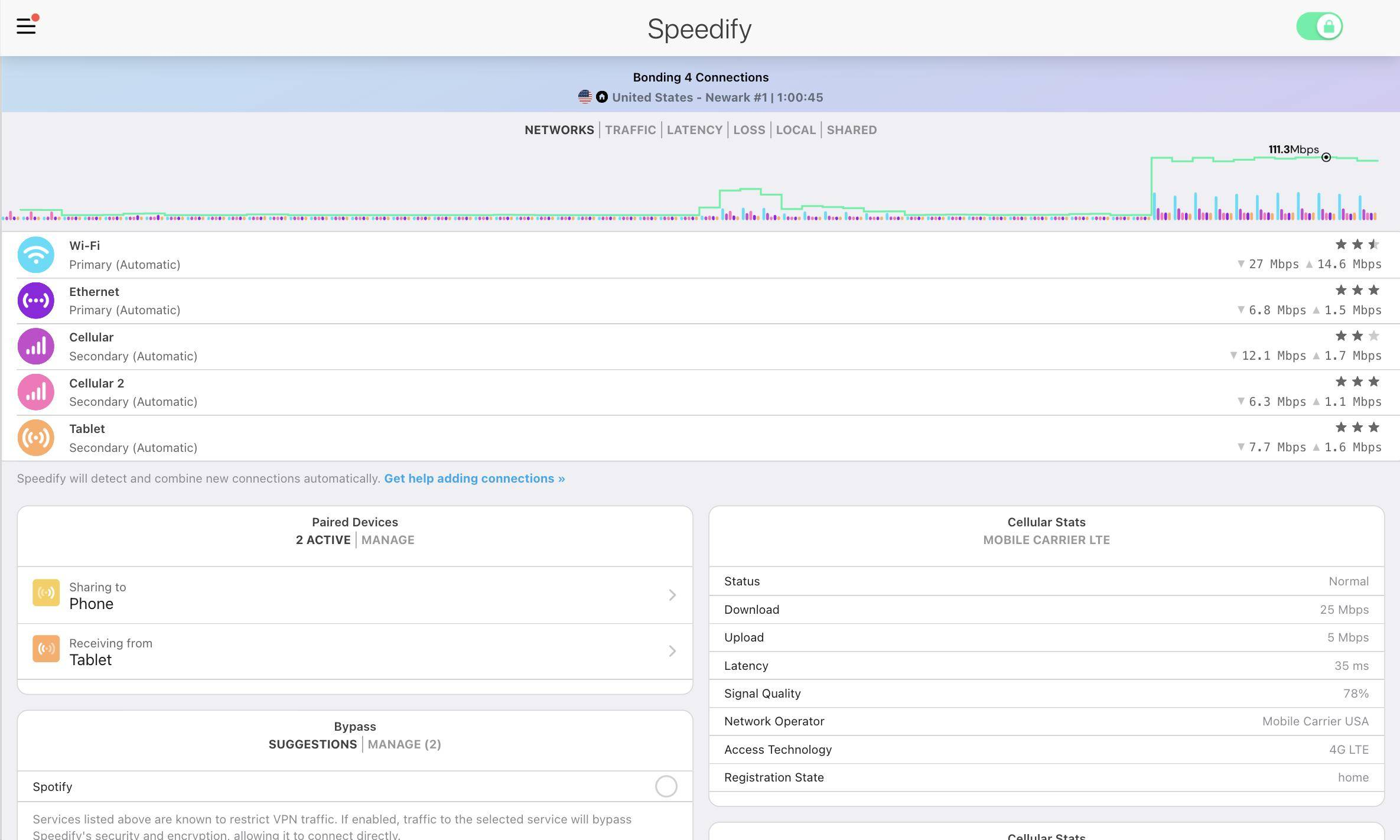 Speedify dashboard in a multi-column layout on a larger screen
