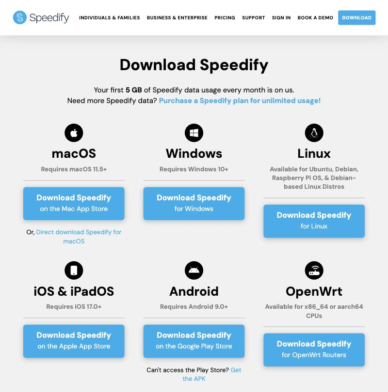 Speedify download page