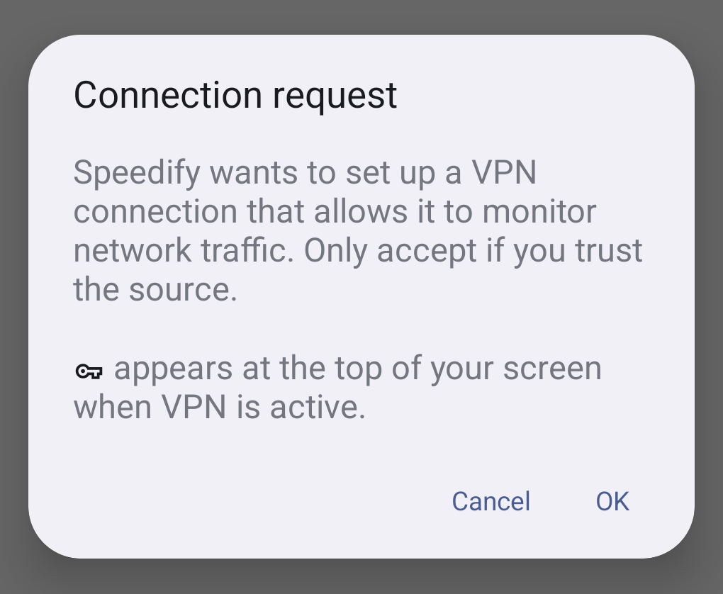 Android Connection request dialog asking to let Speedify set up a VPN connection, with Cancel and OK buttons