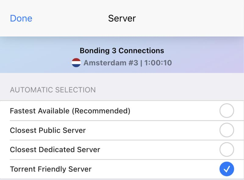 Speedify Server screen with Torrent Friendly Server selected, connected to Amsterdam