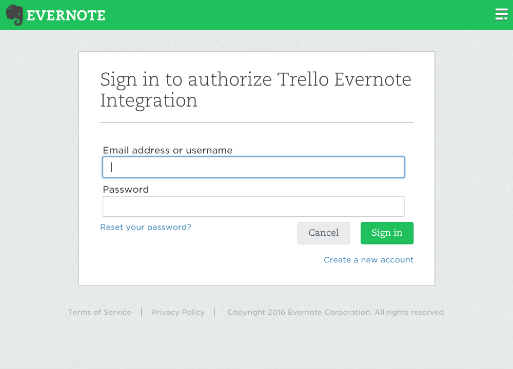 Evernote sign in page