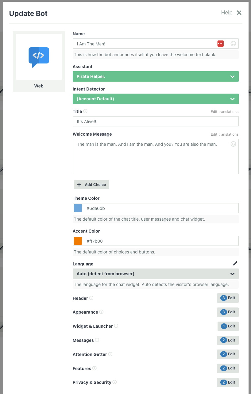 Basic settings in the bot editor