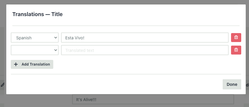 Translations modal with language dropdown and translated text