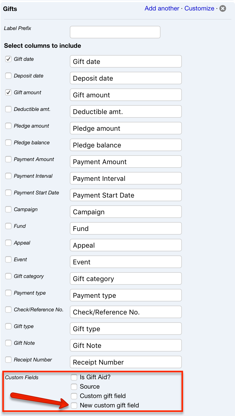 Custom gift fields - Little Green Light Knowledge Base