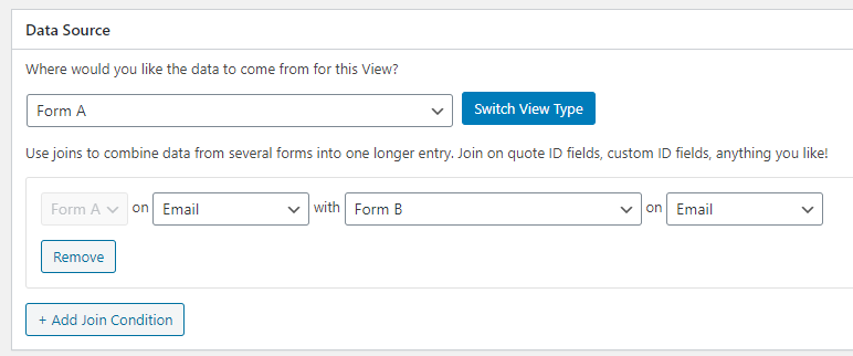 Screenshot of the View editor showing the data source of a View composed of a Join between Form A and Form B using the email field