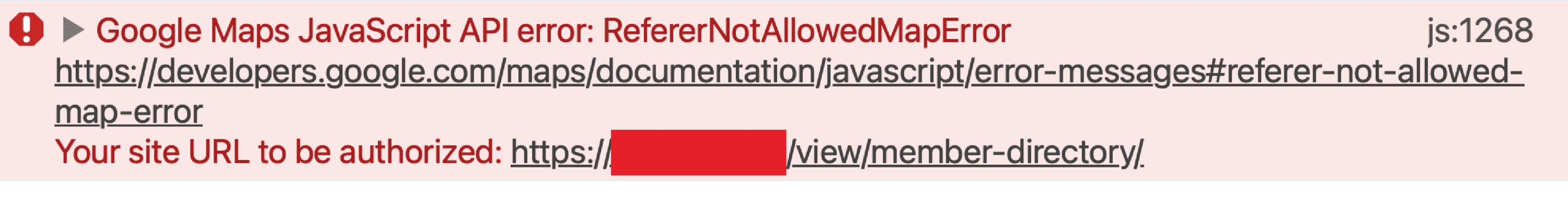 A screenshot of a Google Maps JavaScript API error: RefererNotAllowedMapError https://developers.google.com/maps/documentation/javascript/error-messages#referer-not-allowed-map-error Your site URL to be authorized: https://example.com/view/member-directory/