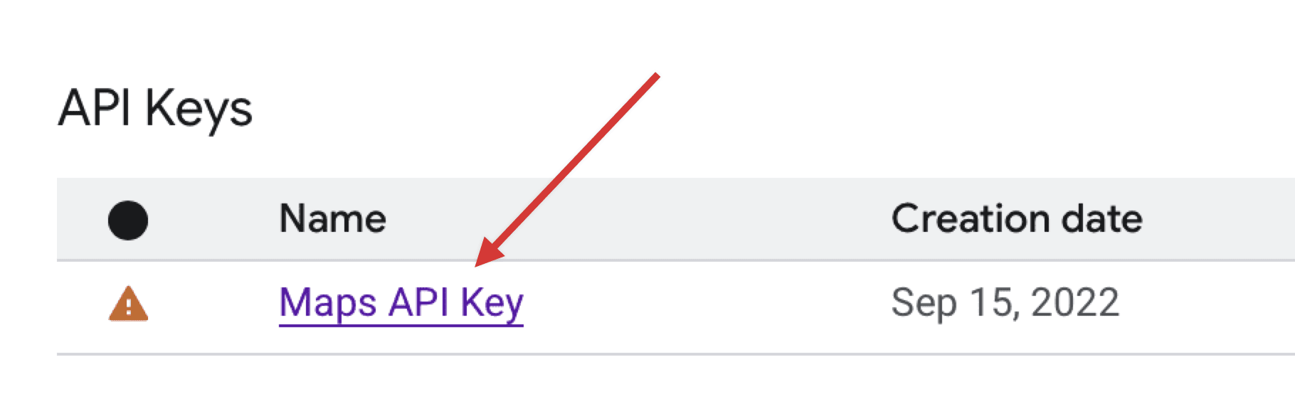 API Keys table, with arrow pointing the a row with a 'My Maps API Key' link