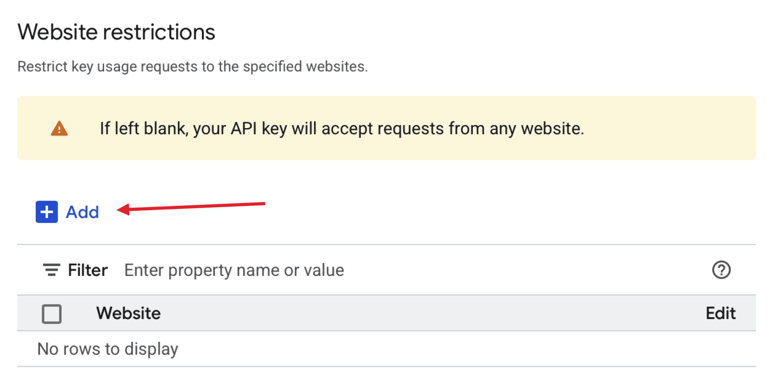 Website restrictions section with an arrow pointing to the 