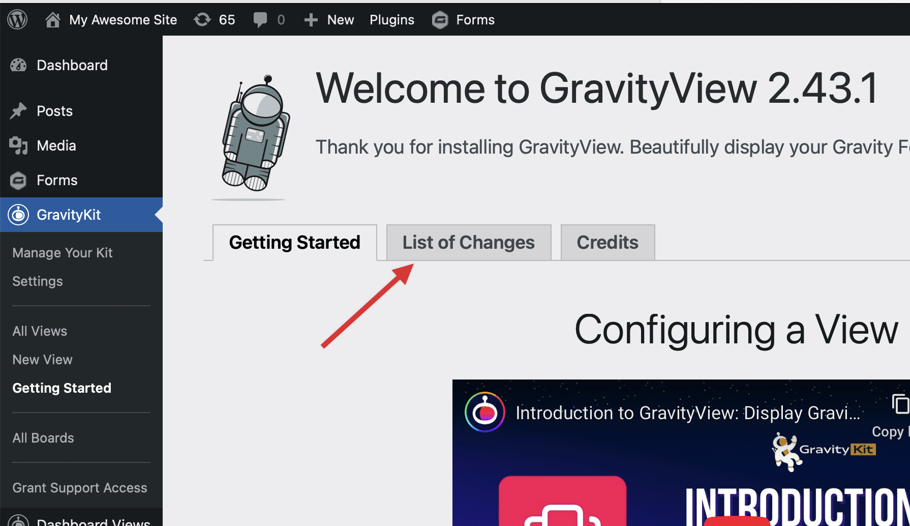 A screenshot of the Getting Started screen, with an arrow pointed at List of Changes tab