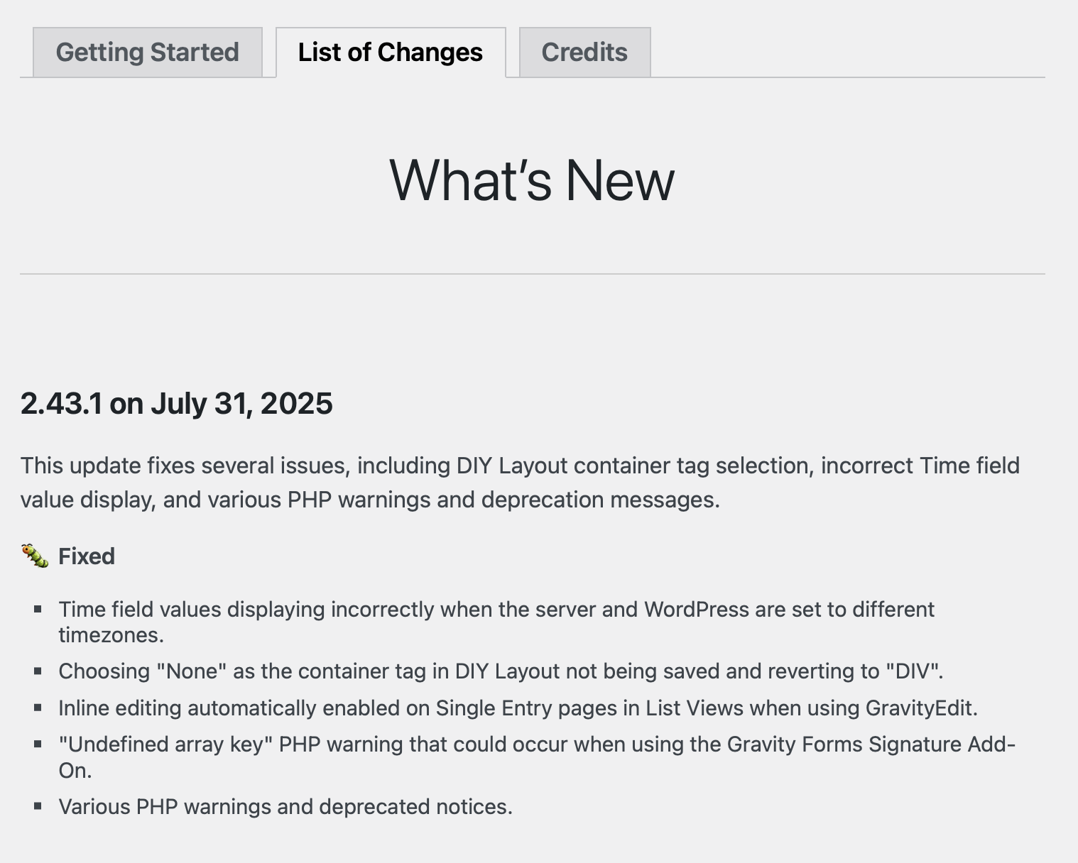 A screenshot of the List of Changes tab, with