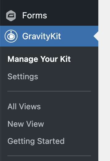 The Manage Your Kit link underneath the GravityKit menu item in WordPress