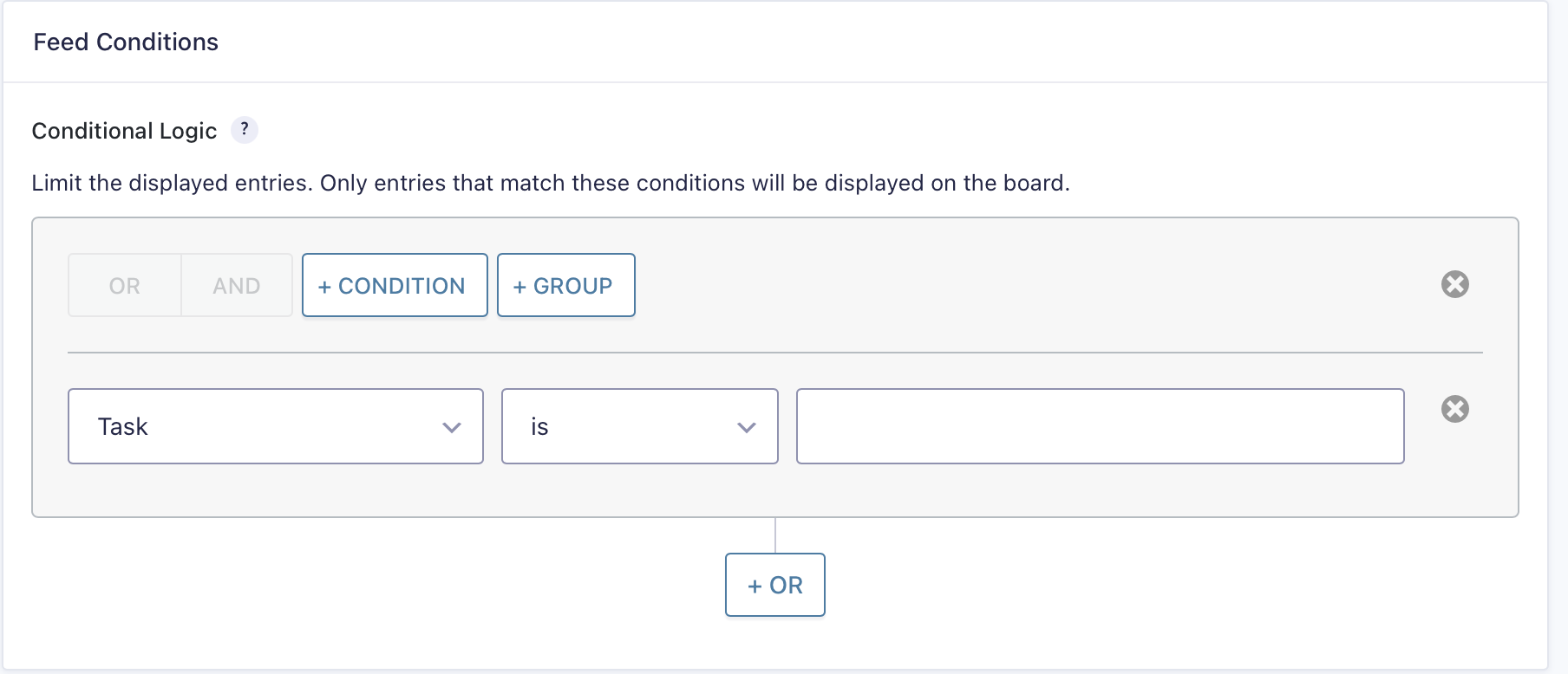 A screenshot of speed conditions box in GravityBoard where the conditional logic setting is showing a rule where the Task field is set to match an empty value.
