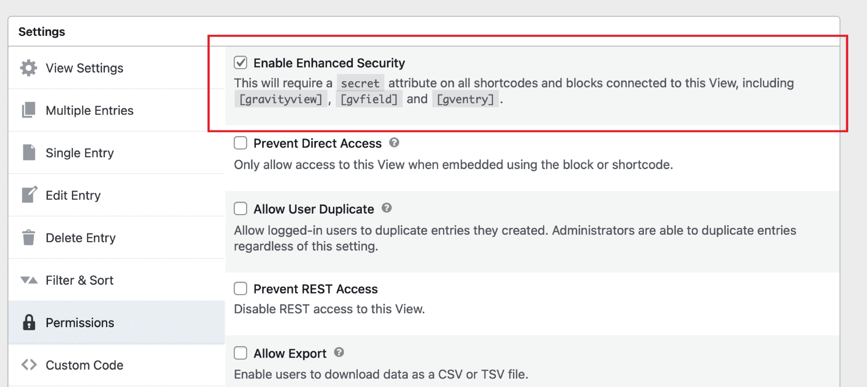 The View Settings box, with Permissions tab activated, showing Enable Enhanced Security checked. There is a red box in the screenshot to highlight the setting.