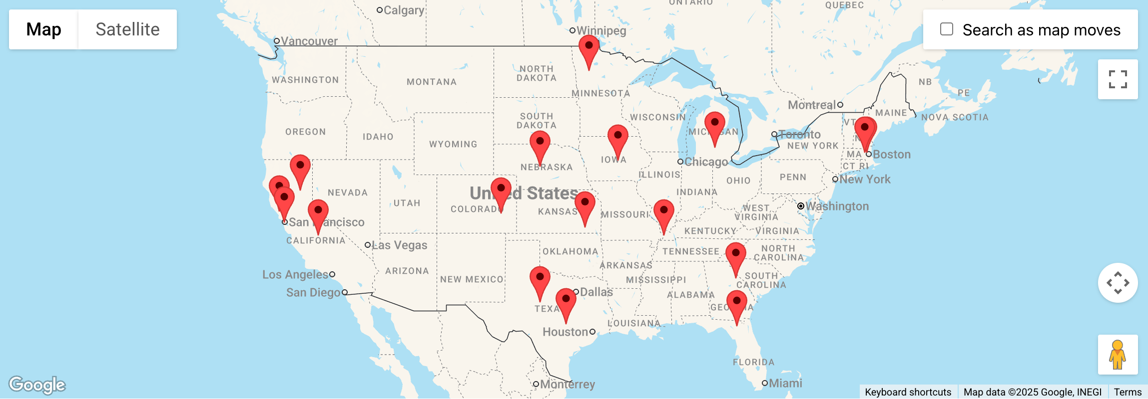 A Google Maps with entries display as markers on the map