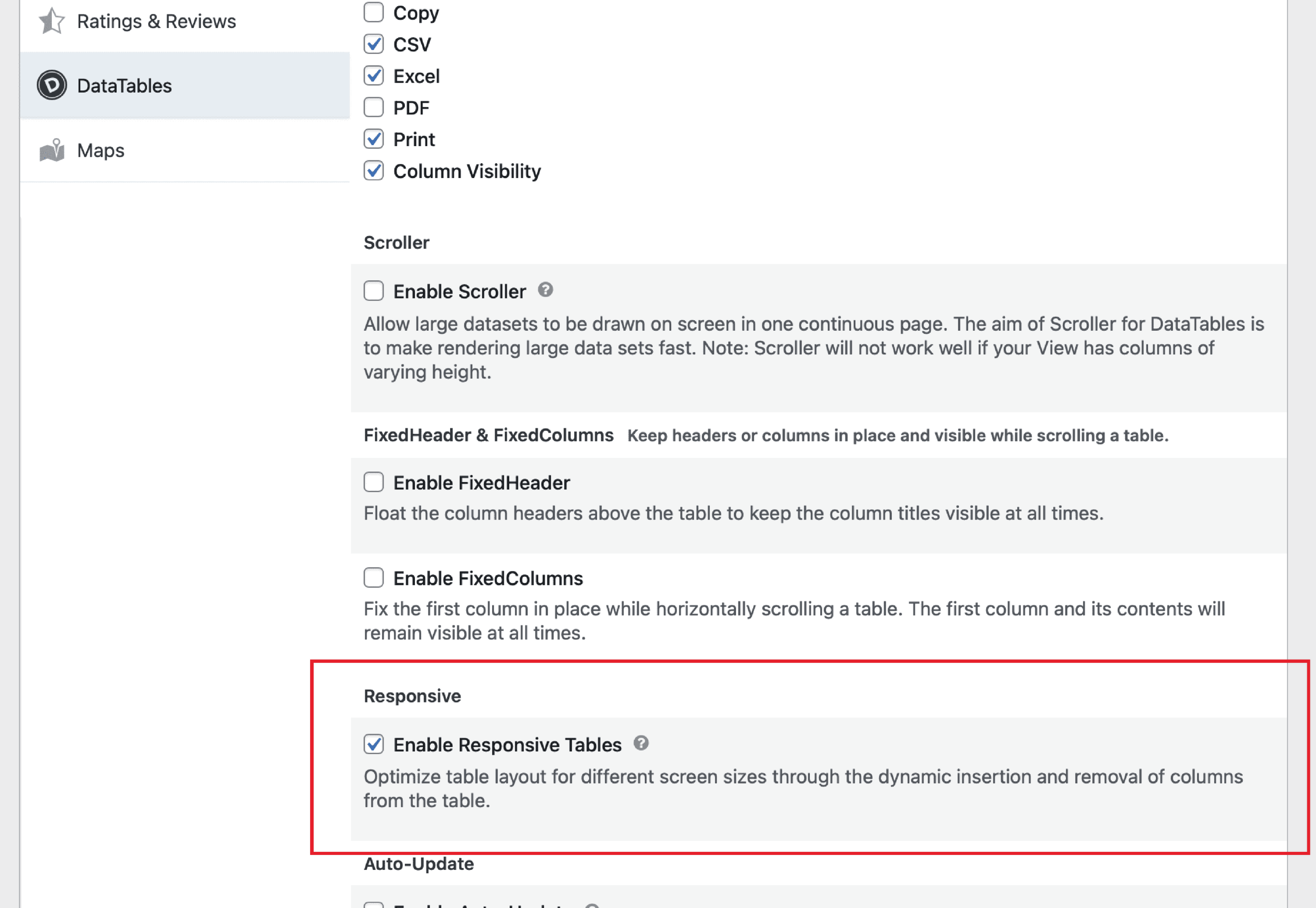 The Enable Responsive Tables setting highlighted inside the DataTables Settings tab.