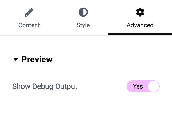 A toggle option in the GravityView Elementor Widget Advanced settings labeled 'Show Debug Output'