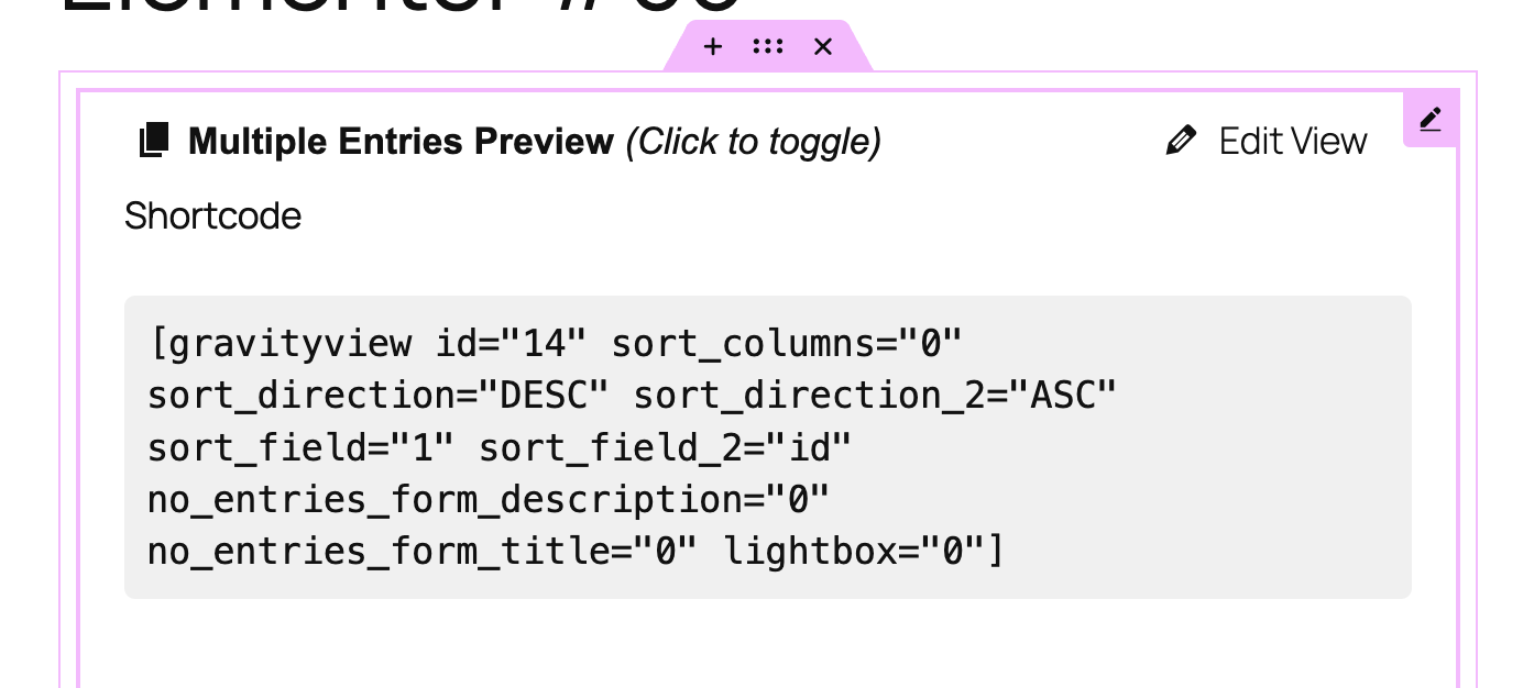 A GravityView shortcode inside the Elementor editor; its appearance is triggered by enabling the Show Debug Output option in the advanced settings