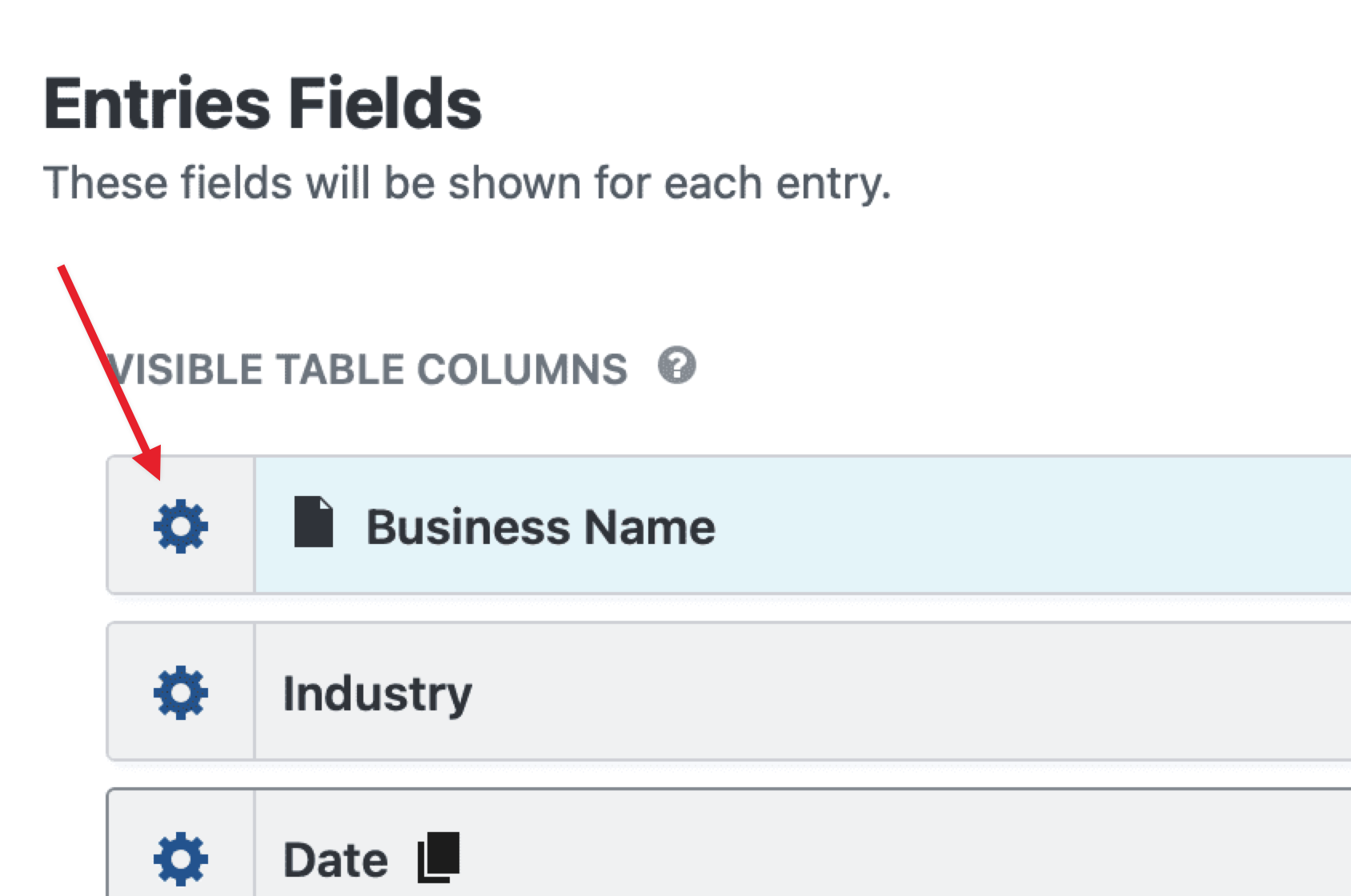 A screenshot of the View editor focused on the Entries Fields section with an arrow pointing to the gear icon next to the Business Name field.