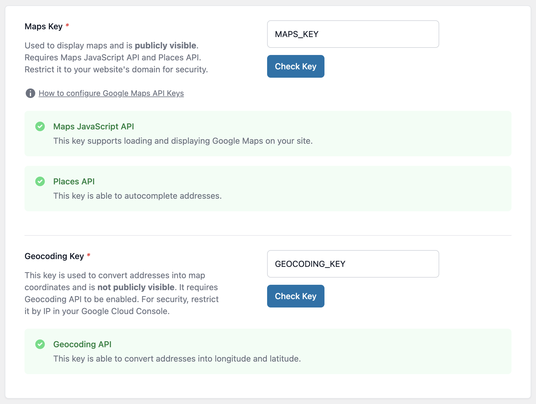 GravityView Maps settings page showing validation results for both the Maps Key and Geocoding Key.