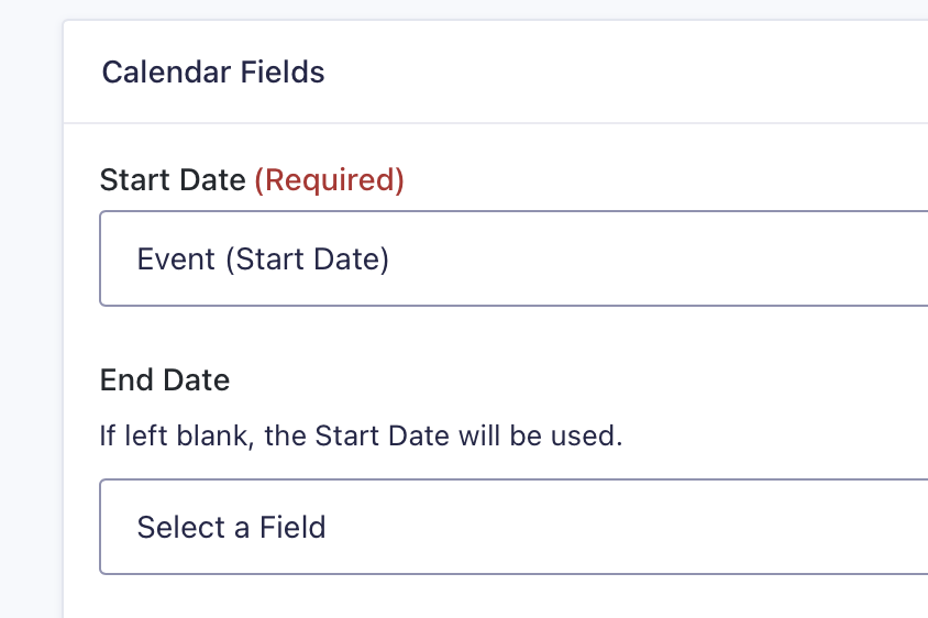 A screenshot of the calendar fields meta box with start date and end date settings shown.