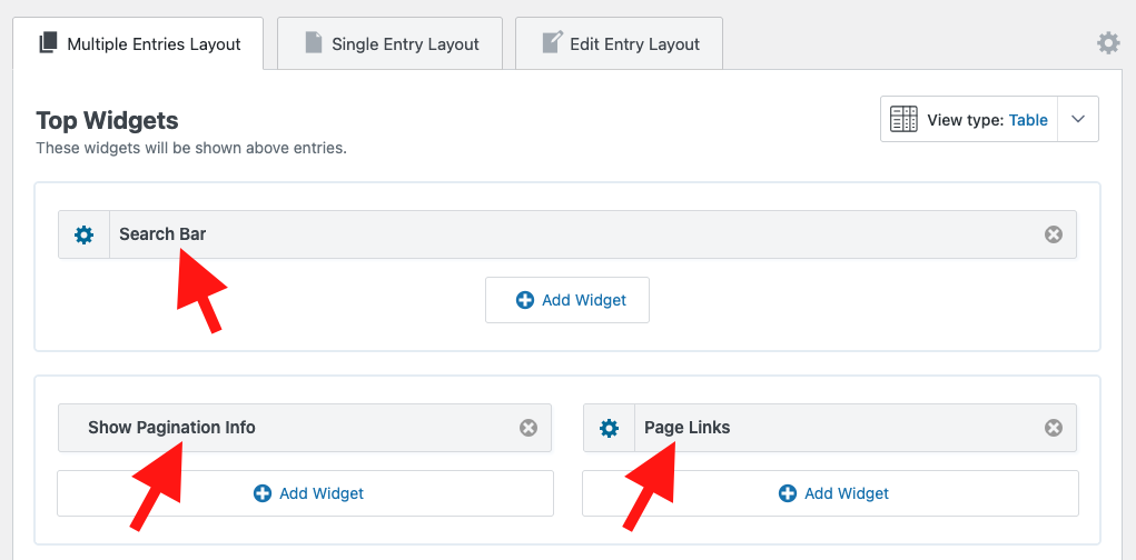 Screenshot: Widgets configured in the View editor (backend)