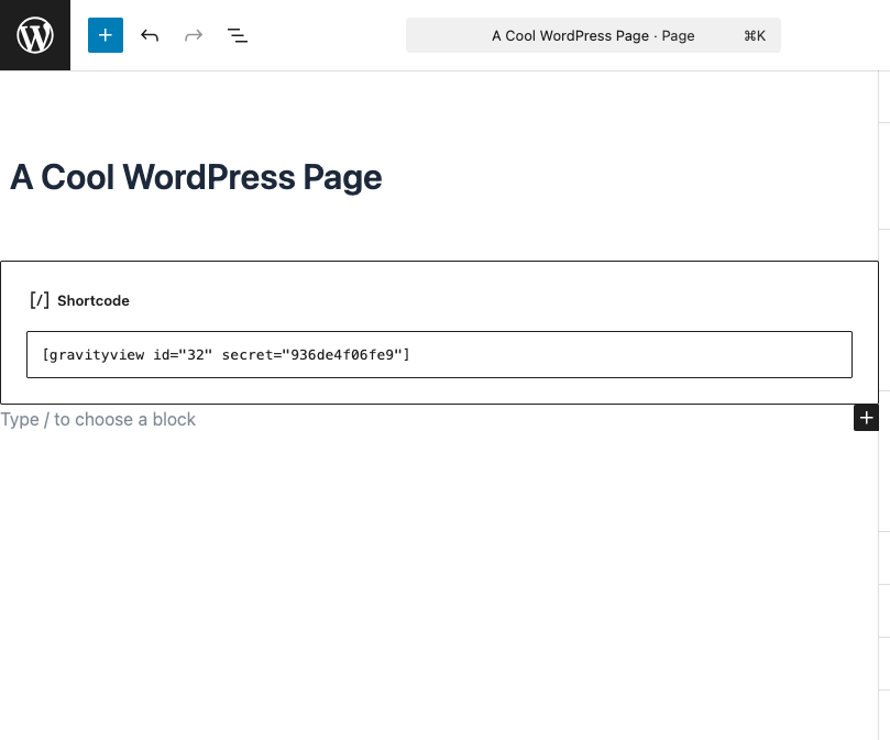 Screenshot: Embedding a GravityView on a WordPress page using the [gravityview] shortcode in the Shortcode block.