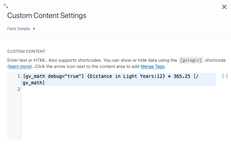 Screenshot of the “Options: Custom Content” modal in WordPress showing a text area with the shortcode [gv_math debug=