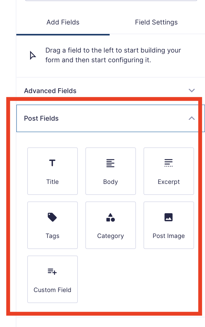 Post fields section with options: Title, Body, Excerpt, Tags, Category, Post Image, Custom Field