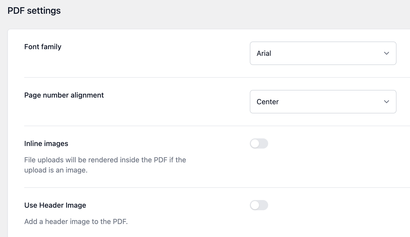 GravityExport global PDF settings panel showing options for font family, page number alignment, inline images, and use header image