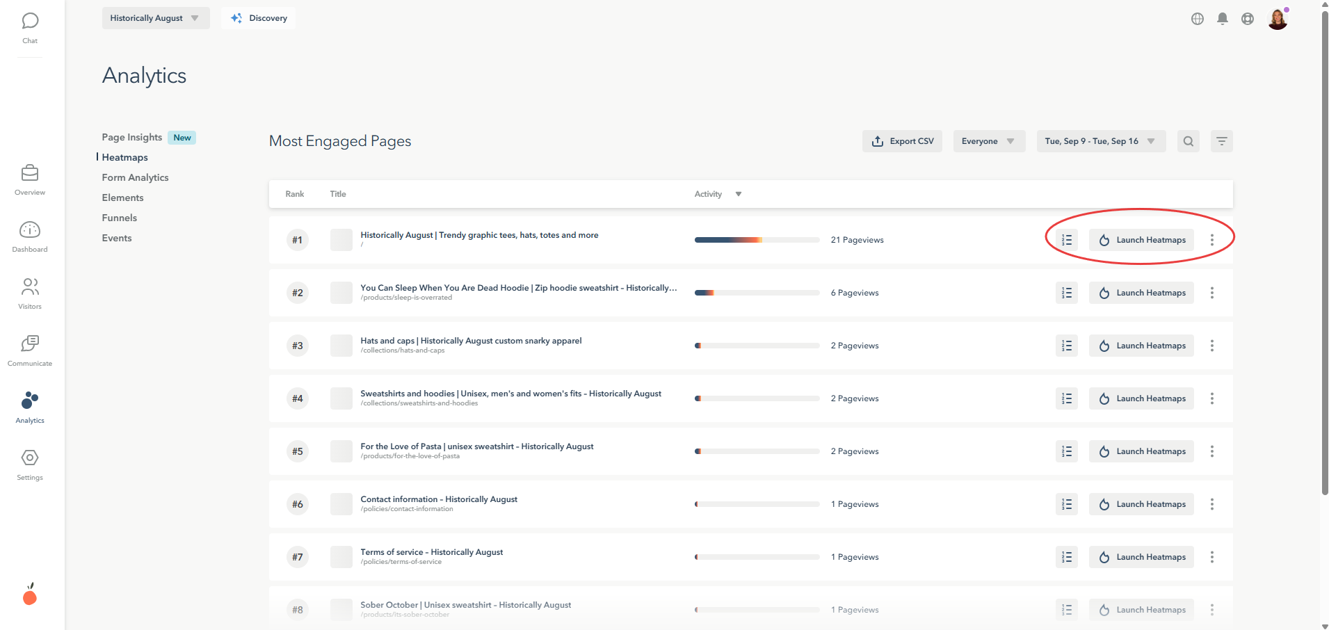 Launching a heatmap from Most Engaged Pages