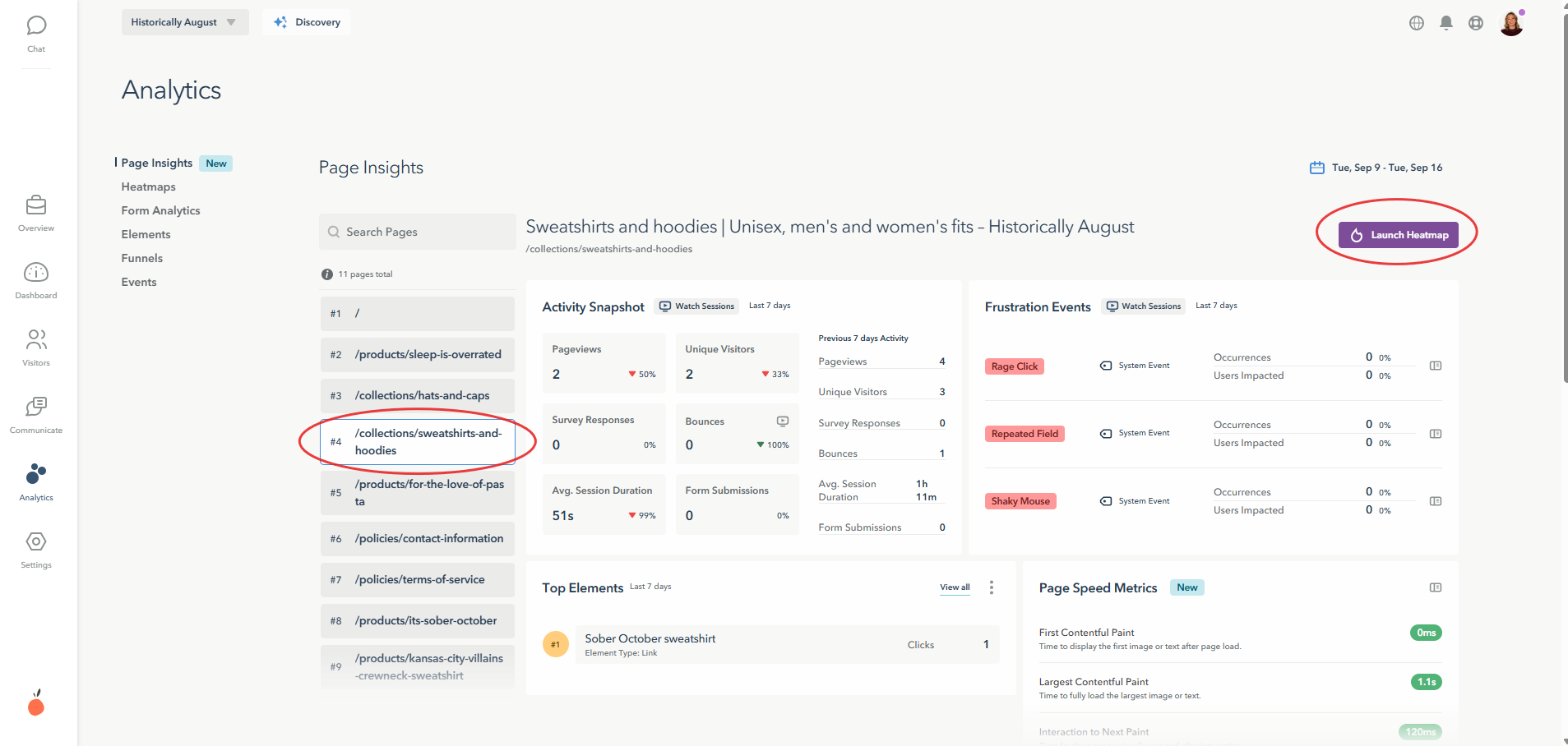 Launching a heatmap from Page Insights