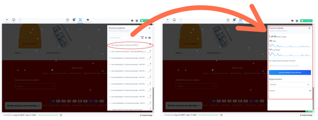 Viewing element interaction detauls on a heatmap